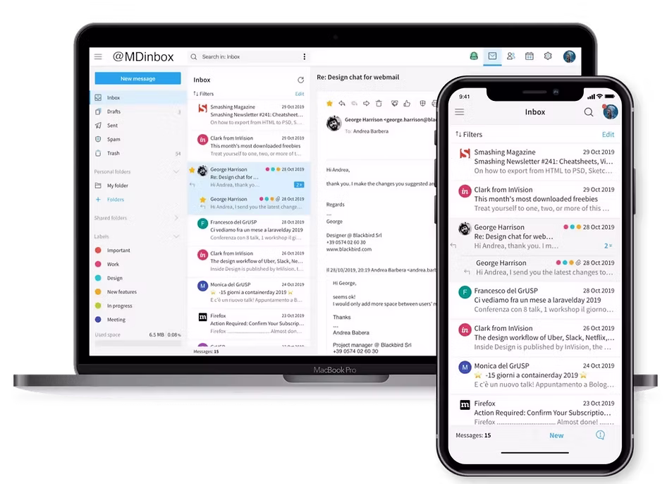 MDinbox webmail interface